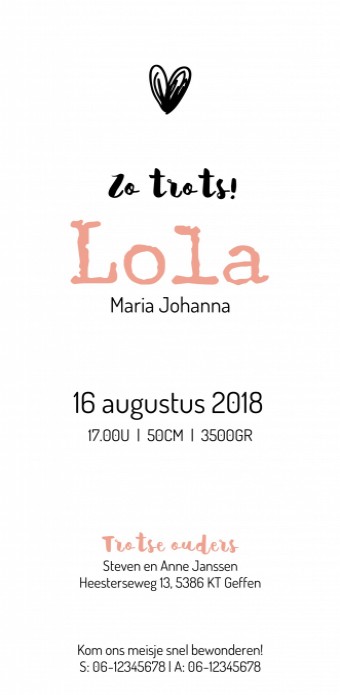 Geboortekaartje Lola achter