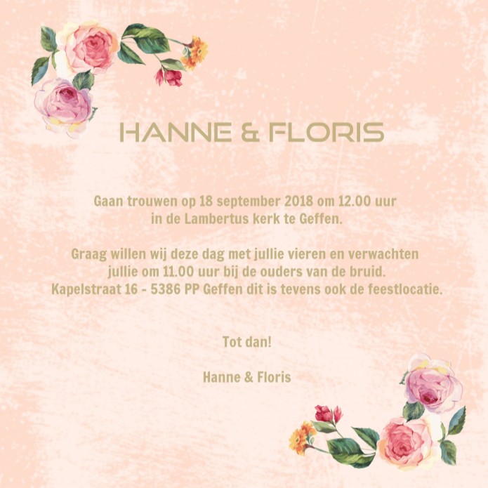 Trouwkaart Hanne en Floris binnen